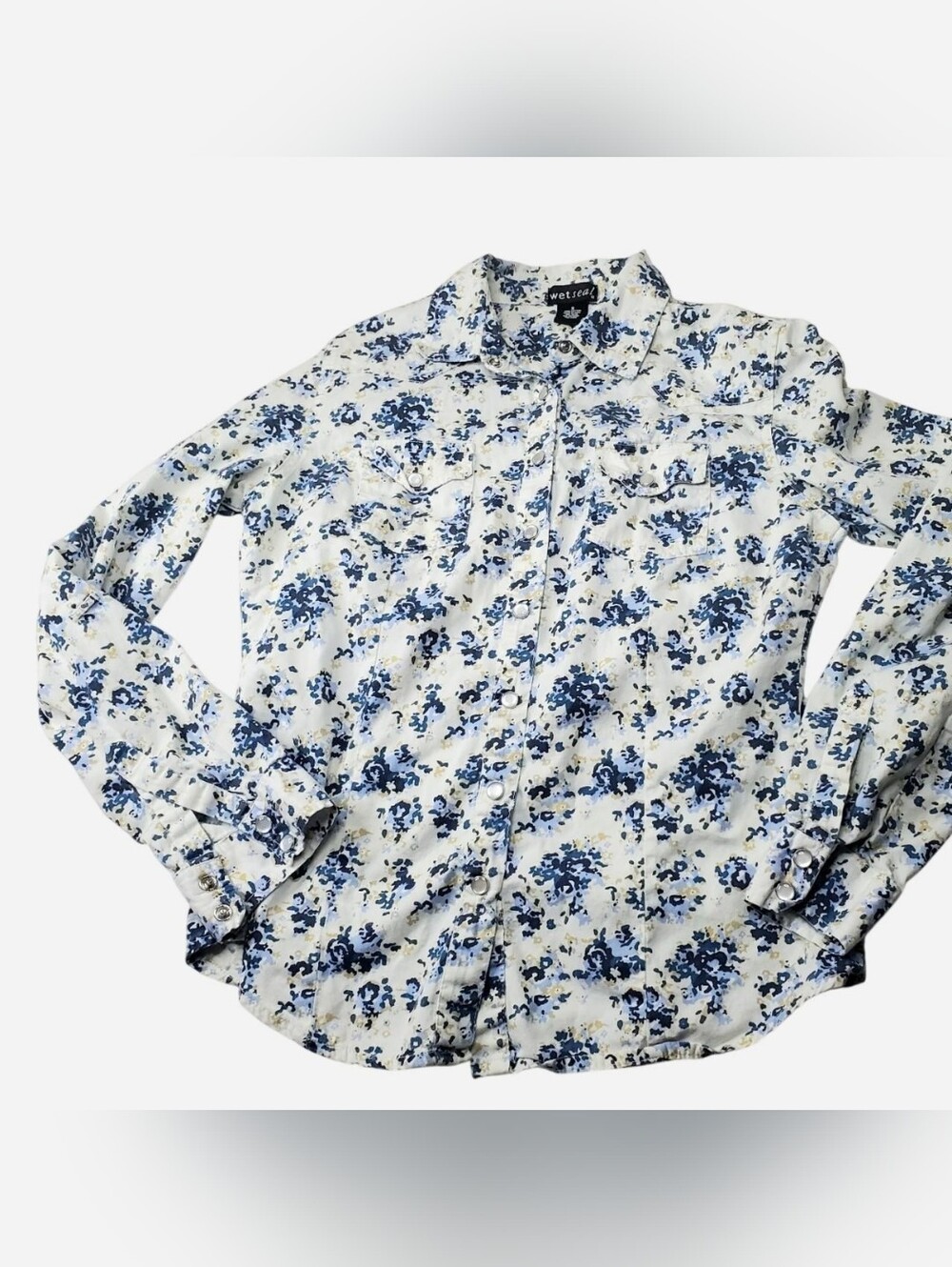Vtg Y2k Wet Seal Button Down Top Womens Small White Blue Floral Office Siren - Picture 6 of 10